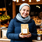 A person, fully clothed in comfortable, modest attire, gently holding a beautifully designed, high-quality product, perhaps a handcrafted item or a gourmet food package, with a soft, content expression. The setting is a cozy, warmly lit artisan market stall or a stylish home interior, evoking feelings of comfort, happiness, and authentic connection. The focus is on the positive emotional bond with the product. safe for work, appropriate content, fully clothed, family-friendly, perfect anatomy, correct proportions, natural pose, well-formed hands, proper finger count, natural body proportions, professional photography, high quality.