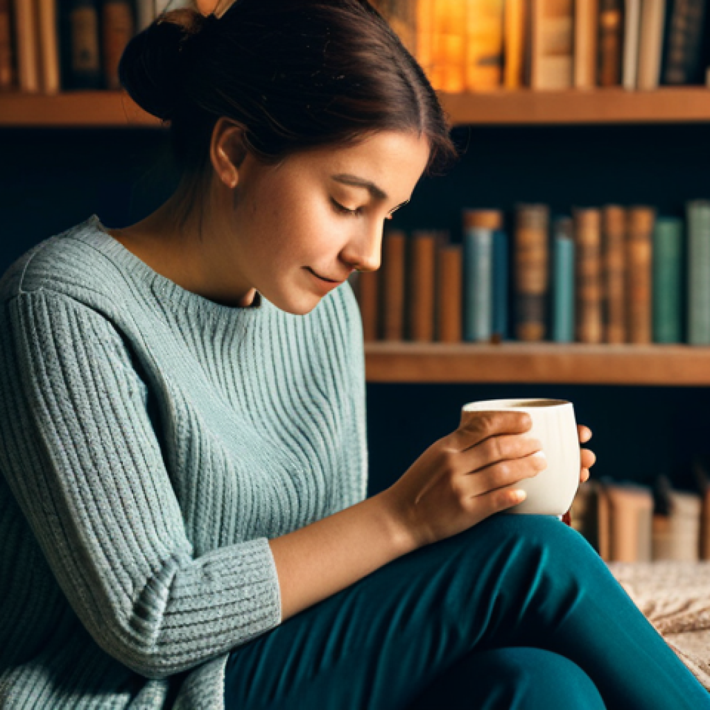 A thoughtful individual in modest, comfortable attire, gently holding a unique, artisan-crafted ceramic mug filled with a warm beverage. The scene is set in a softly lit, cozy reading nook, with vintage books and a subtle, warm color palette in the background, evoking a sense of calm and cherished memories. The image captures a moment of quiet contentment and a deep emotional connection to the item. safe for work, appropriate content, fully clothed, modest clothing, professional photography, perfect anatomy, correct proportions, natural pose, well-formed hands, proper finger count, natural body proportions, family-friendly.