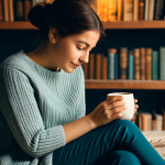 A thoughtful individual in modest, comfortable attire, gently holding a unique, artisan-crafted ceramic mug filled with a warm beverage. The scene is set in a softly lit, cozy reading nook, with vintage books and a subtle, warm color palette in the background, evoking a sense of calm and cherished memories. The image captures a moment of quiet contentment and a deep emotional connection to the item. safe for work, appropriate content, fully clothed, modest clothing, professional photography, perfect anatomy, correct proportions, natural pose, well-formed hands, proper finger count, natural body proportions, family-friendly.