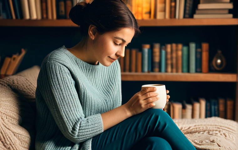 A thoughtful individual in modest, comfortable attire, gently holding a unique, artisan-crafted ceramic mug filled with a warm beverage. The scene is set in a softly lit, cozy reading nook, with vintage books and a subtle, warm color palette in the background, evoking a sense of calm and cherished memories. The image captures a moment of quiet contentment and a deep emotional connection to the item. safe for work, appropriate content, fully clothed, modest clothing, professional photography, perfect anatomy, correct proportions, natural pose, well-formed hands, proper finger count, natural body proportions, family-friendly.