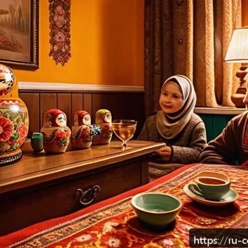 Home 28 소비자 신뢰와 감정적 요인 - A cozy Russian home interior during winter, warm amber lighting illuminating traditional wooden furn...