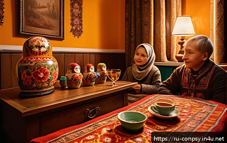 소비자 신뢰와 감정적 요인 - A cozy Russian home interior during winter, warm amber lighting illuminating traditional wooden furn...