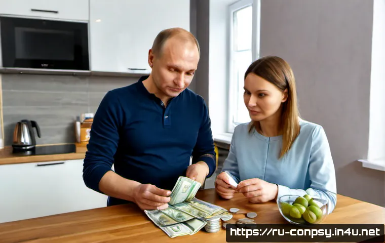Home 15 소비자 감정 변화의 트렌드 분석 - Photorealistic modern Moscow apartment kitchen, Russian consumer couple in their 40s reviewing house...